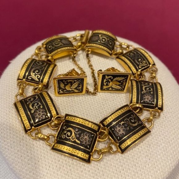 VTG Spanish Damascene Square Gold Link Bracelet and Earrings SET - Picture 8 of 10